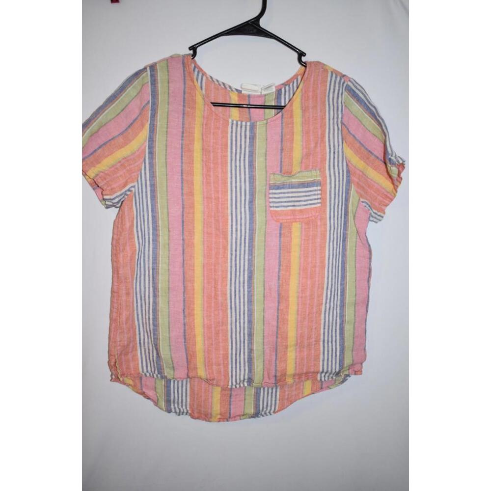 C&C California Woman Size S Pink Mulit 100% Linen HiLo Short Sleeve Blouse Top